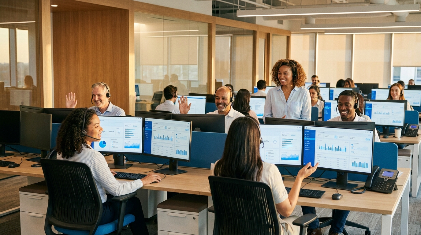 Professional call center with agents helping Medicare beneficiaries